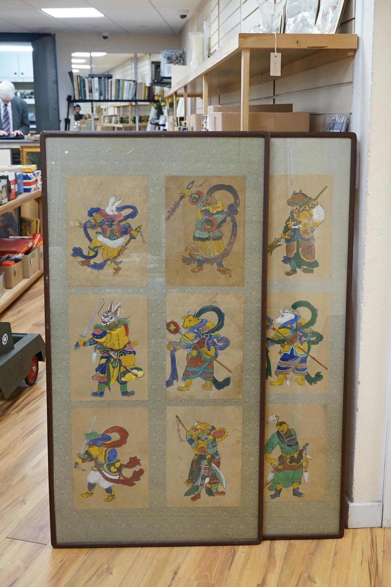 Chinese School, set of twelve watercolours, Signs of the Zodiac, mounted and framed as two, overall 139 x 71cm. Condition - fair